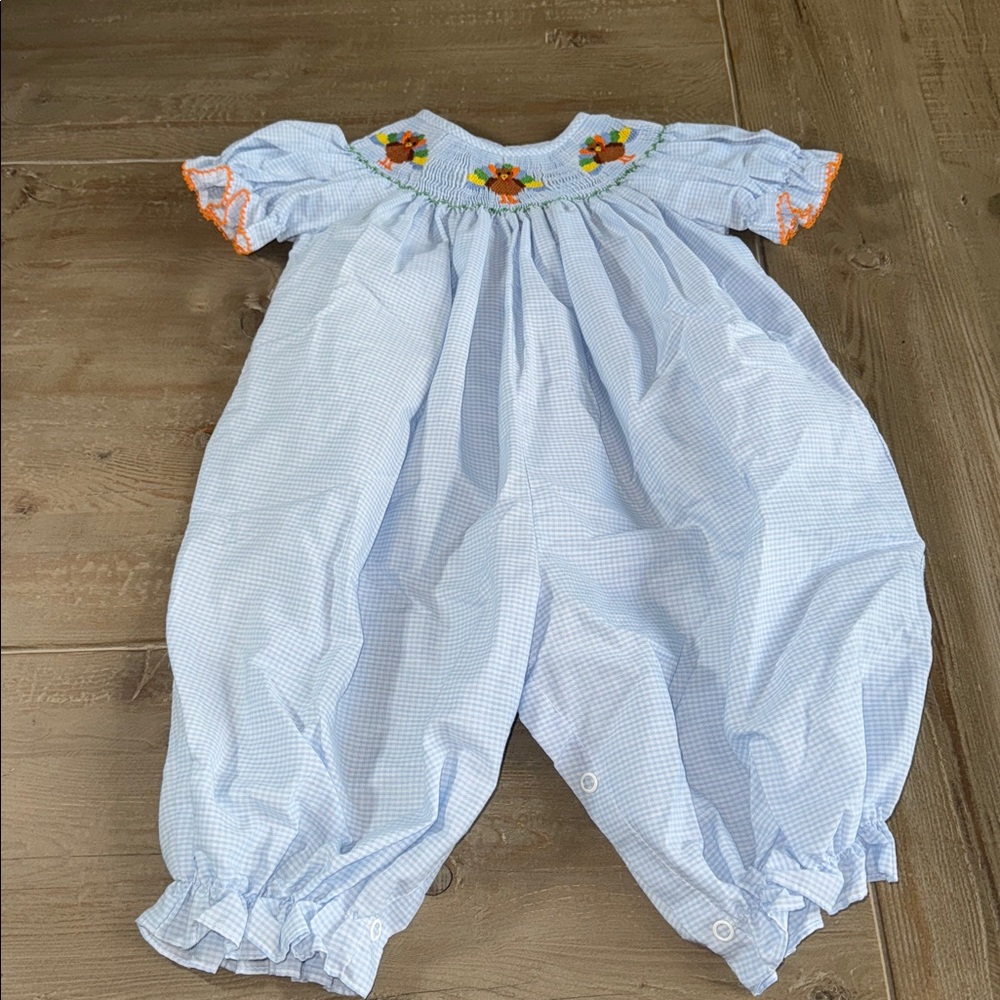 Southern Sunshine Girl Blue Gingham Gobble Gobble Smocked Long Bubble - 9M - Picture 2 of 11